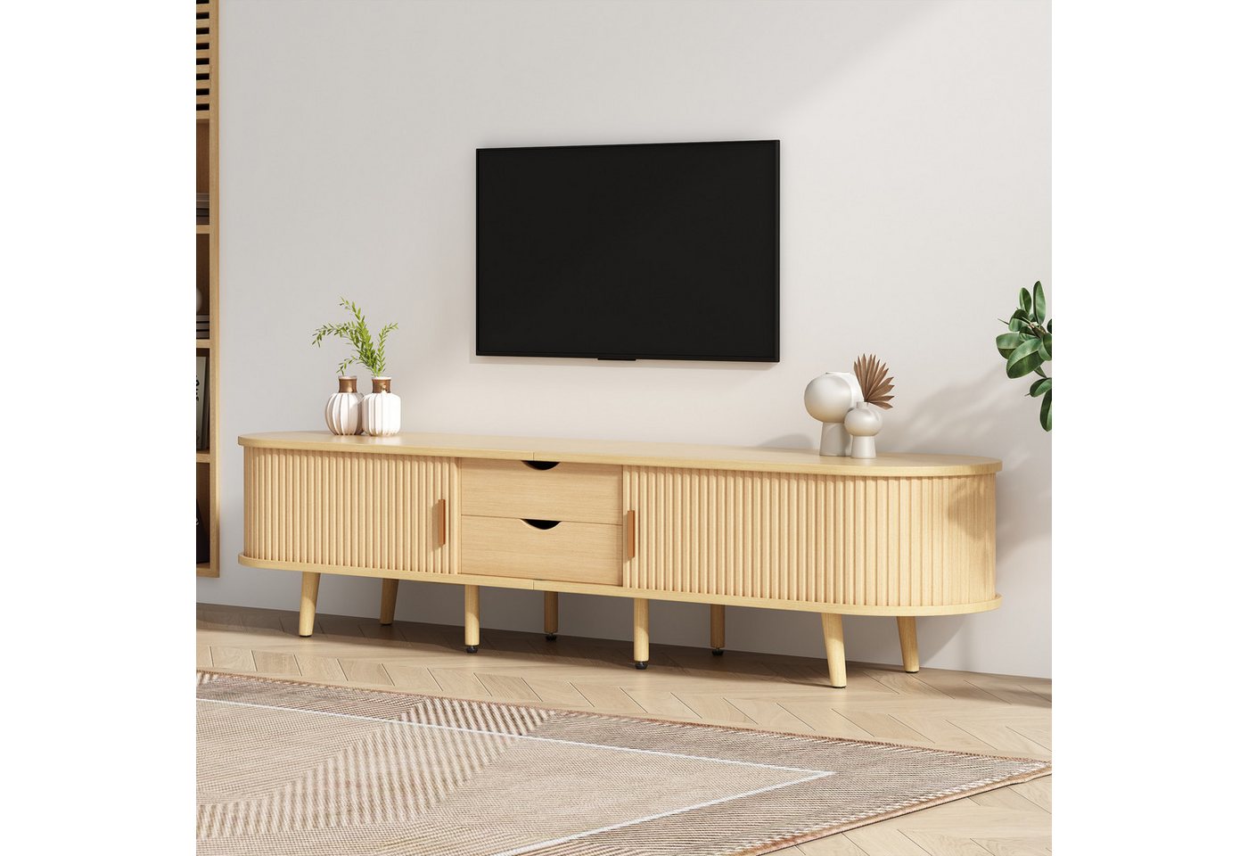 STILVORA Wohnzimmer-Set mit 2 Schubladen,TV-Schrank mit offene Regale&runder Tischplatte,MDF, (Wohnzimmermöbel, TV-Panel, Fernsehschrank, Mehrzweckschrank, 1-St., 2 Schiebetüren, 2 Schubladen), mit geschwungene, vertikal geprägte Schiebetür von STILVORA