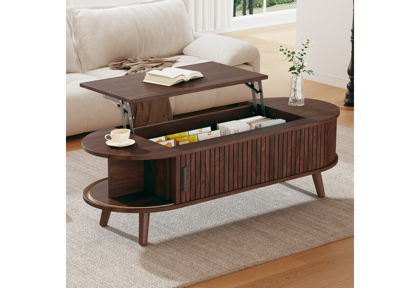 STILVORA Wohnzimmer-Set mit Ablageflächen,anhebbarer Sofatisch Wohnzimmertisch,Walnuss, (Satztisch, Beistelltisch, Wohnzimmertisch, 1-St., 5 Ablageflächen), mit verstecktem Stauraum von STILVORA