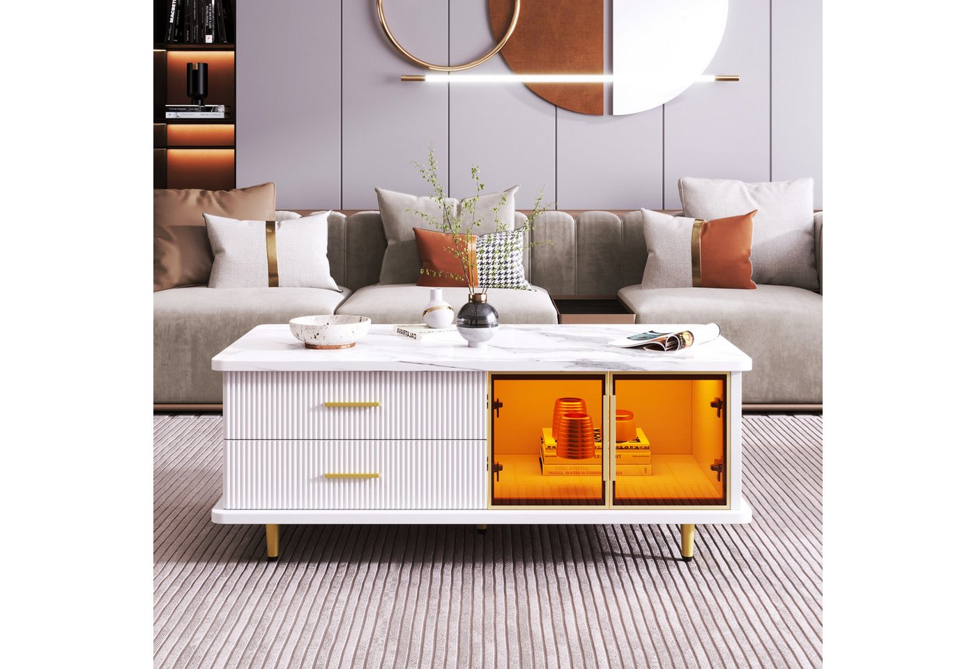 STILVORA Wohnzimmer-Set mit Couchtisch&Lowboard,Wohnzimmermöbel Möbelset mit LED&Schubladen, (Schubladen mit Wellenstruktur, goldene Griffe und Beine, 2-St., Tür aus gehärtetem Glas,Rahmen aus Aluminiumlegierung), Enthält einen Couchtisch und einen Fernsehschrank. STILVORA Wohnzimmer-Set mit Couchtisch&Lowboard,Wohnzimmermöbel Möbelset mit LED&Schubladen, (Schubladen mit Wellenstruktur, goldene Griffe und Beine, 2-St., Tür aus gehärtetem Glas,Rahmen aus Aluminiumlegierung), Enthält einen Couchtisch und einen Fernsehschrank. von STILVORA