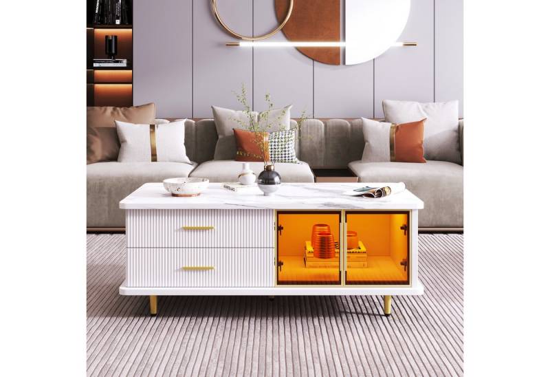 STILVORA Wohnzimmer-Set mit Couchtisch&Lowboard,Wohnzimmermöbel Möbelset mit LED&Schubladen, (Schubladen mit Wellenstruktur, goldene Griffe und Beine, 2-St., Tür aus gehärtetem Glas,Rahmen aus Aluminiumlegierung), Enthält einen Couchtisch und einen Fernsehschrank. STILVORA Wohnzimmer-Set mit Couchtisch&Lowboard,Wohnzimmermöbel Möbelset mit LED&Schubladen, (Schubladen mit Wellenstruktur, goldene Griffe und Beine, 2-St., Tür aus gehärtetem Glas,Rahmen aus Aluminiumlegierung), Enthält einen Couchtisch und einen Fernsehschrank. von STILVORA