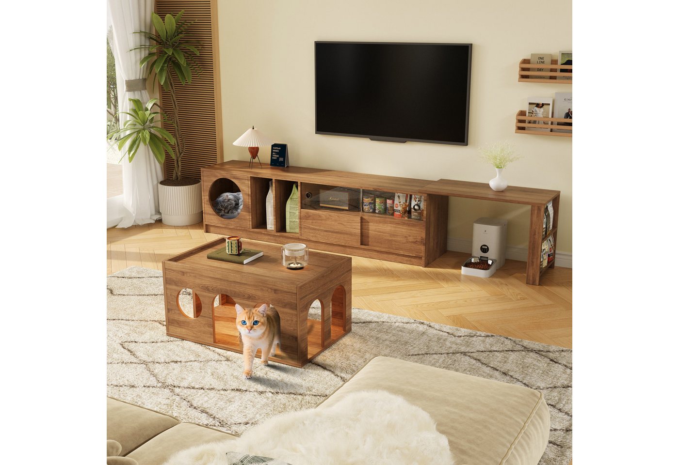 STILVORA Wohnzimmer-Set mit Haustierbereich,TV-Schrank Fernsehschrank ausziehbar mit Glastüren, (Wohnzimmermöbel, Fernsehtisch, 1-St., aus Nussbaumholz, temperierten Glas-Türen), mit Katzenruhebereich, Stauraum von STILVORA