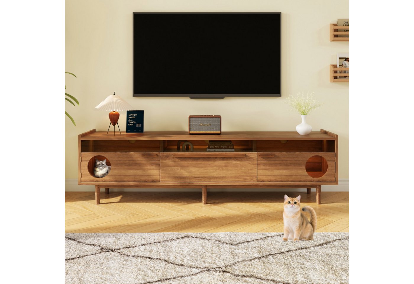 STILVORA Wohnzimmer-Set mit Haustierbereich,TV-Schrank Fernsehschrank mit Glastüren&LED-Licht, (Fernsehschrank, 1-St., temperierten Glas-Türen), mit Katzenruhebereich, Stauraum, 6 Beinen von STILVORA