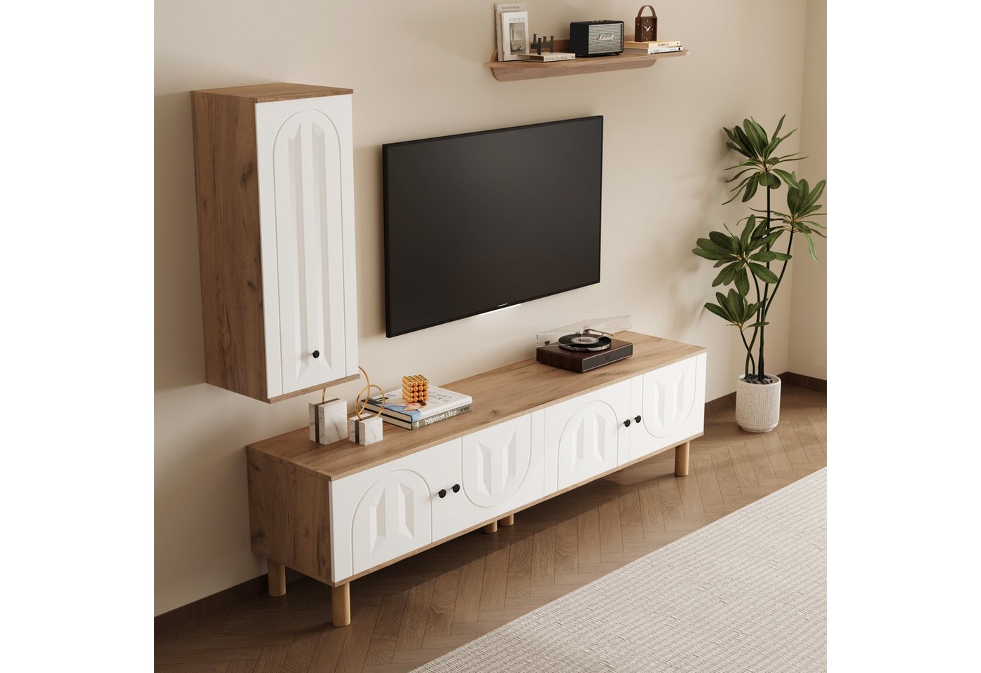 STILVORA Wohnzimmer-Set mit Highboard,Schränke&Wandboard,Wohnwand 3er-Set,Wandmöbel Weiß+Natur, (Wohnwand, TV-Wandkombination, 3-St., Highboard:40*35*100cm,Lowboard:17*40*50cm,Wandboard:120*25**15cm), Weiße und hölzerne, geschnitzte Türpaneele STILVORA Wohnzimmer-Set mit Highboard,Schränke&Wandboard,Wohnwand 3er-Set,Wandmöbel Weiß+Natur, (Wohnwand, TV-Wandkombination, 3-St., Highboard:40*35*100cm,Lowboard:17*40*50cm,Wandboard:120*25**15cm), Weiße und hölzerne, geschnitzte Türpaneele von STILVORA