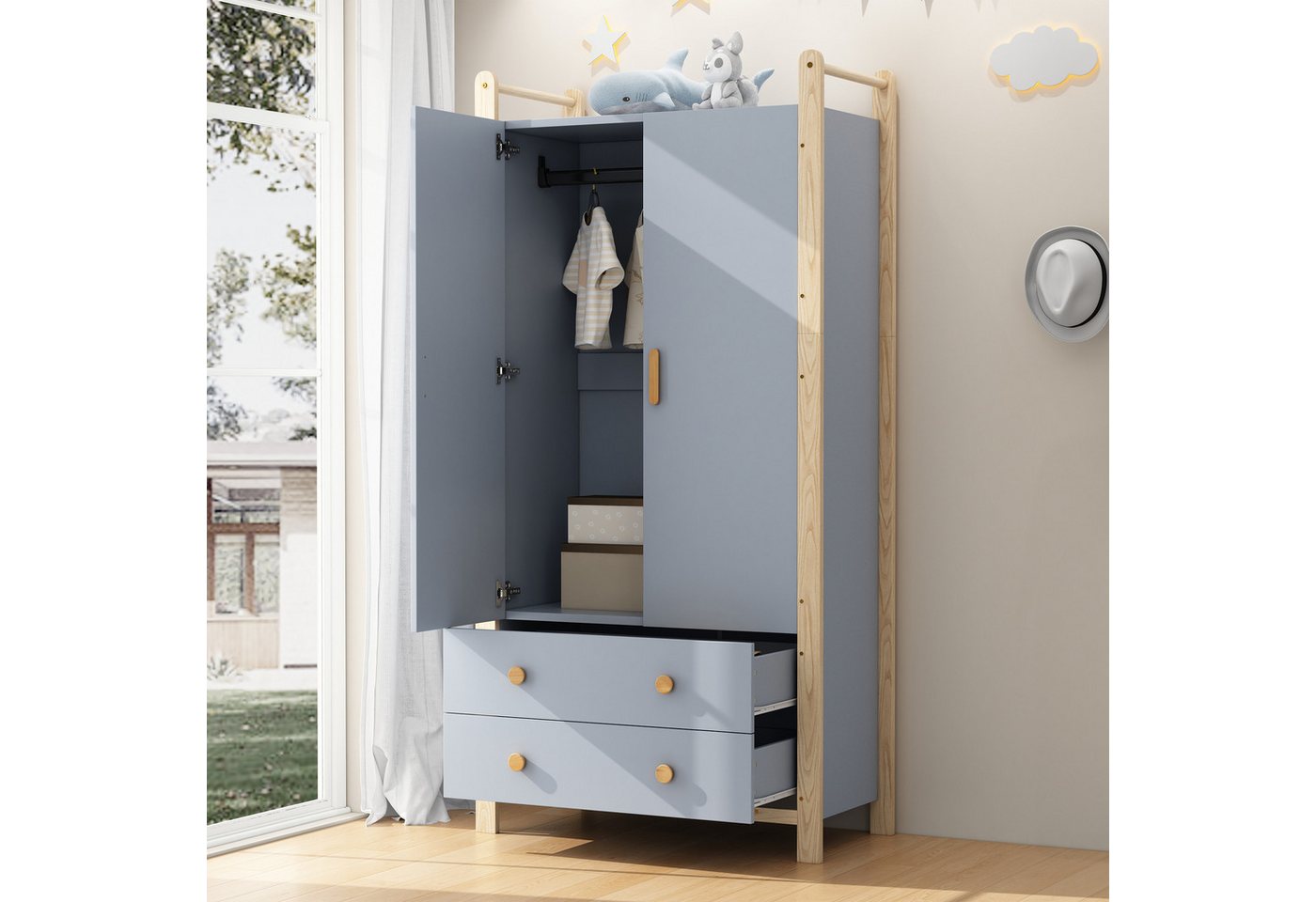 STILVORA Wohnzimmer-Set mit Kleiderschrank&Standregal,Möbelset Wohnzimmerset aus Holz,Blau, (Kinderzimmer-Set, 1-St., Doppelklappengarderobe, Fichtenrahmen, Höhe 180cm), mit Kleiderstange und Schubladen von STILVORA