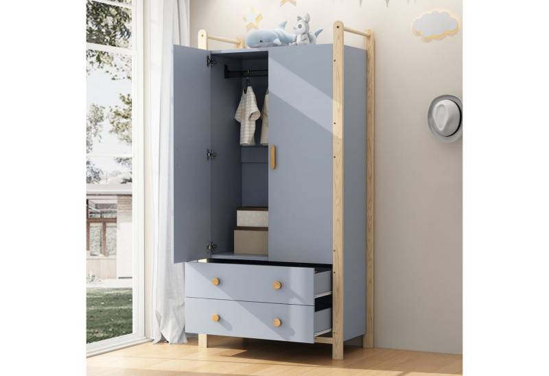 STILVORA Wohnzimmer-Set mit Kleiderschrank&Standregal,Möbelset Wohnzimmerset aus Holz,Blau, (Kinderzimmer-Set, 1-St., Doppelklappengarderobe, Fichtenrahmen, Höhe 180cm), mit Kleiderstange und Schubladen von STILVORA