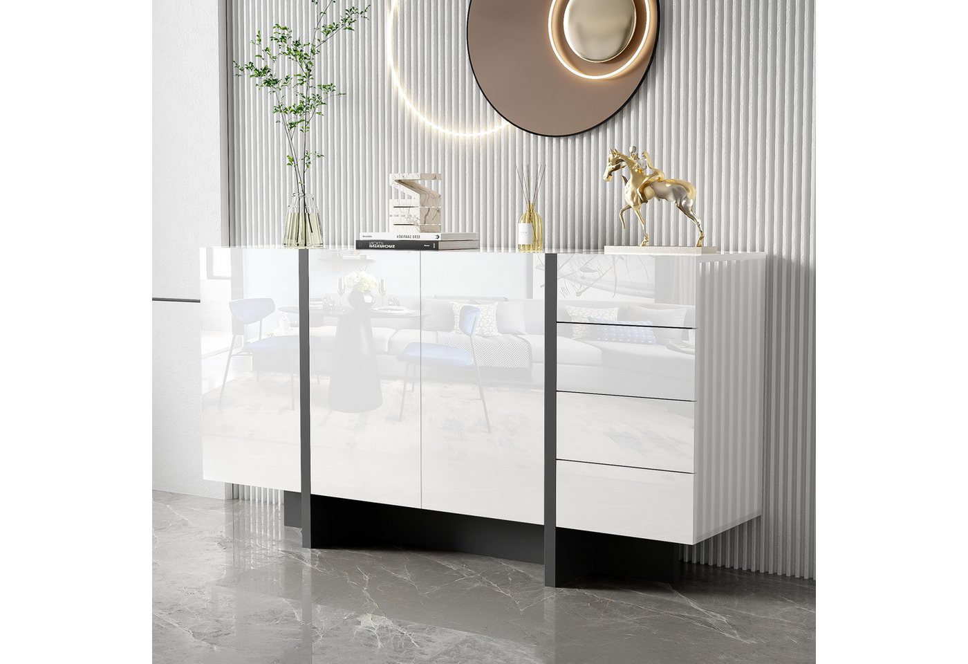 STILVORA Wohnzimmer-Set mit Schubladen,Aufwahrungsschrank Beistellschrank mit Hochglanz, (Hochglanz-Buffet, Scandi, 1-St., 2 Türen und 4 Schubladen), moderner und schlichter Anrichte mit Türen und Schubladen von STILVORA