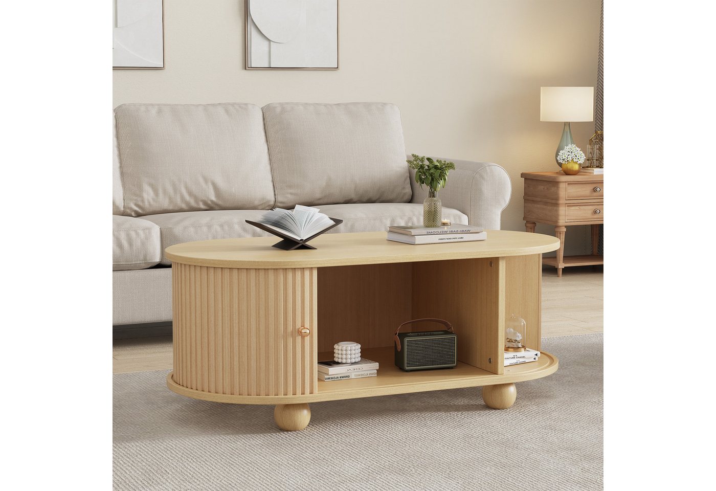 STILVORA Wohnzimmer-Set mit TV-Schrank,ovaler Wohnzimmermöbel-Sets aus MDF mit Stauraum, (ovale Kombination in Originalholzfarbe, Fernsehtisch, TV-Ständer, 2-St., zentrale Doppelschublade, natürliche Textur), mit Beidseitig geschwungene, vertikal geprägte Schiebetür STILVORA Wohnzimmer-Set mit TV-Schrank,ovaler Wohnzimmermöbel-Sets aus MDF mit Stauraum, (ovale Kombination in Originalholzfarbe, Fernsehtisch, TV-Ständer, 2-St., zentrale Doppelschublade, natürliche Textur), mit Beidseitig geschwungene, vertikal geprägte Schiebetür von STILVORA