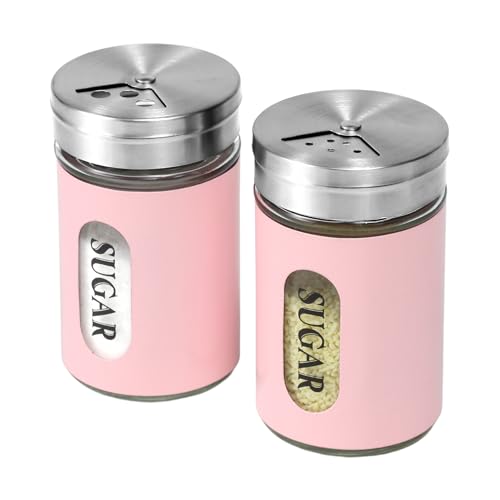 Zuckerstreuer aus Edelstahl und Glas, Set mit verstellbaren Ausgießlöchern, Zimtstreuer für Kaffeebar, 2 Stück (Rosa) von STJKBDFC