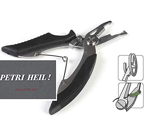 # Eine Schere schwarz oder rot für geflochtene Schnur und Sprengringzange kombiniert,Split Ring Pliers ca 13cm + gratis Petri Heil! Aufkleber (schwarz) von STMK