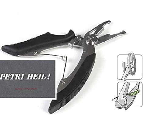 # Eine Schere schwarz oder rot für geflochtene Schnur und Sprengringzange kombiniert,Split Ring Pliers ca 13cm + gratis Petri Heil! Aufkleber (schwarz) von STMK