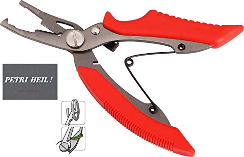 # Eine Schere schwarz oder rot für geflochtene Schnur und Sprengringzange kombiniert,Split Ring Pliers ca 13cm + gratis Petri Heil! Aufkleber (rot) von STMK