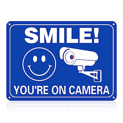 Smile You're on Camera Schild, rostfreies Aluminium, Videoüberwachungsschilder, Sicherheitsschilder für den Außenbereich, 25,4 x 17,8 cm, UV-bedruckt, Warnschild für Zuhause, Geschäft, von STNRST-IN