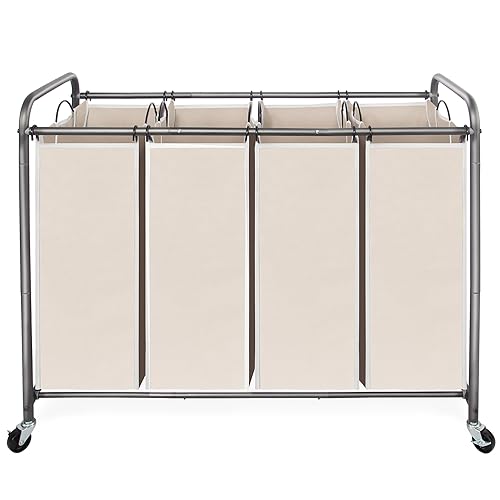 STO STO Wäschesortierer 4 Abschnitte, 4 Beutel Wäschesammler, rollender Wäschewagen, Wäschekorb mit robusten abschließbaren Rädern und abnehmbarer Tasche für Kleideraufbewahrung, Beige von STO STO