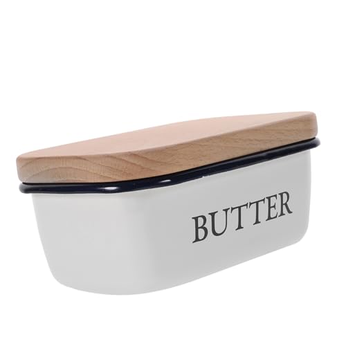 STOBAZA Emaille Butterdose mit Holzdeckel Quadratische Lebensmittelecht Staub und Insektenschutz Frischhaltend für Butter und Käse Praktische Küchenaufbewahrung von STOBAZA