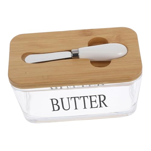 STOBAZA Glas Butterdose mit Bambusdeckel und Messerhalter Luftdicht Butterbehälter für Frische Butteraufbewahrung Käsebehälter Küchenzubehör für Theke von STOBAZA