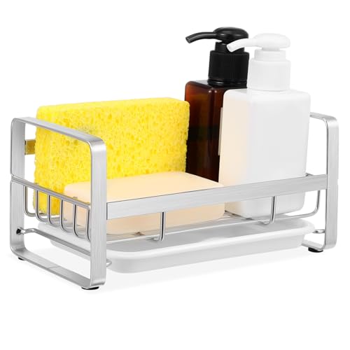 STOBAZA Spülschwammhalter ohne Bohren mit Abtropfschale Rutschfester Küchenorganizer für Spüle und Arbeitsplatte Stabiler und Rostfreier Schwamm und Seifenhalter für Sauberen Waschbereich von STOBAZA
