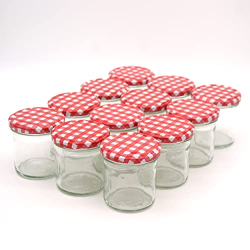 Stoff-Kollektion 12x 165ml Einmachgläser mit Deckel Vorteilspack | Sturzglas Marmeladenglas (Rot-Weiß) von Stoff-Kollektion