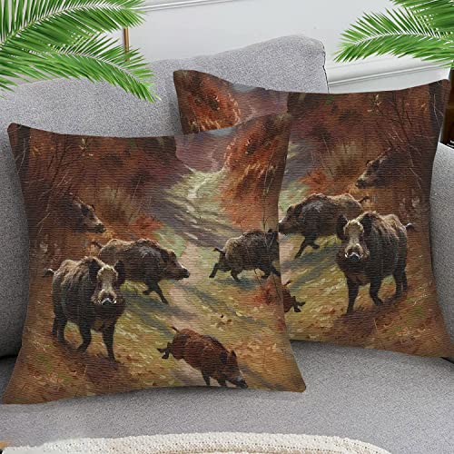 STOJAN 2er Set 45x45 cm Baumwolle und Leinen Kissenbezüge Kissenhüllen Dekorative Dekokissen Weicher Zierkissenbezug für Wohnzimmer Sofa Schlafzimmer Wildschwein Familie von STOJAN