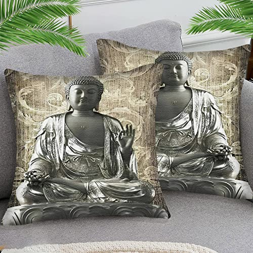 2er Set 45x45 cm Baumwolle und Leinen Kissenbezüge Kissenhüllen Dekorative Dekokissen Weicher Zierkissenbezug für Wohnzimmer Sofa Schlafzimmer religiöser kunststein Buddha von STOJAN