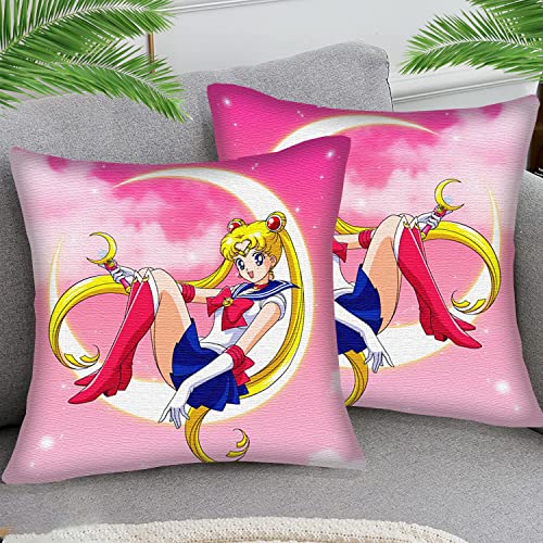 2er Set Kissenbezüge Baumwolle und Leinen Dekokissen Kissenbezug Anime-Mädchen Sailor Moon sty1Sofakissen Dekorativ Couchkissen Kissenhülle für Wohnzimmer Schlafzimmer 45x45 cm von STOJAN