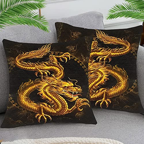 STOJAN 2er Set Kissenbezüge 45x45cm(18x18 inch) Goldener Drache im chinesischen Stil Kissenbezüge weiches Leinen Kissenhülle Sofa Dekokissen Sofakissen Cafe Garten Outdoor Haus Dekoration von STOJAN