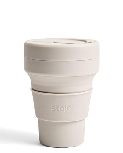 STOJO Faltbarer Kaffeebecher für unterwegs, 355 ml, wiederverwendbarer und faltbarer Silikon-Reisebecher mit Deckel, tragbar, Taschenformat, spülmaschinenfest, Haferbeige von STOJO