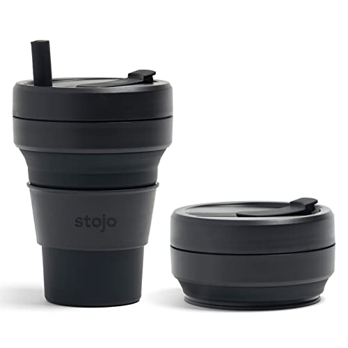 Stojo Faltbarer Kaffeebecher | Wiederverwendbare To Go Große Reisebecher im Taschenformat - Tinte schwarz, 470ml | Mit Strohhalm von STOJO