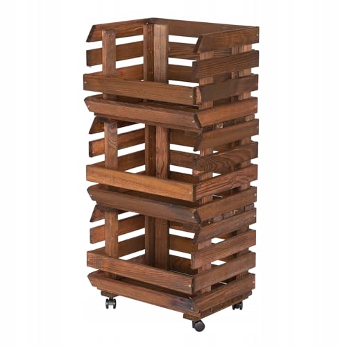 STOLMAK Obstkiste Holz auf Rollen 37 x 79 x 30 cm Kartoffel Obst Gemüse Aufbewahrung Regal mit Körben Stapelkisten Holzkiste Groß Aufbewahren Gemüsekiste 3 Etagen Farbe Braun von STOLMAK