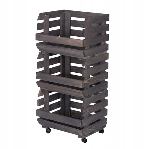 STOLMAK Obstkiste Holz auf Rollen 37 x 79 x 30 cm Kartoffel Obst Gemüse Aufbewahrung Regal mit Körben Stapelkisten Holzkiste Groß Aufbewahren Gemüsekiste 3 Etagen Farbe Grau von STOLMAK