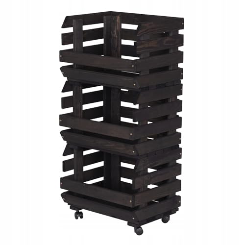 STOLMAK Obstkiste Holz auf Rollen 37 x 79 x 30 cm Kartoffel Obst Gemüse Aufbewahrung Regal mit Körben Stapelkisten Holzkiste Groß Aufbewahren Gemüsekiste 3 Etagen Farbe Schwarz von STOLMAK