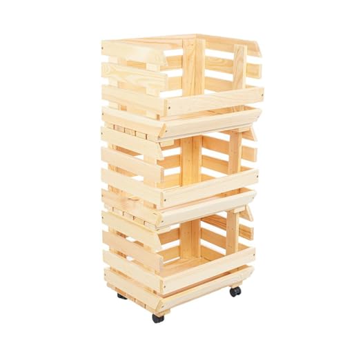 STOLMAK Obstkiste Holz auf Rollen 37 x 79 x 30 cm Kartoffel Obst Gemüse Aufbewahrung Regal mit Körben Stapelkisten Holzkiste Groß Aufbewahren Gemüsekiste 3 Etagen von STOLMAK