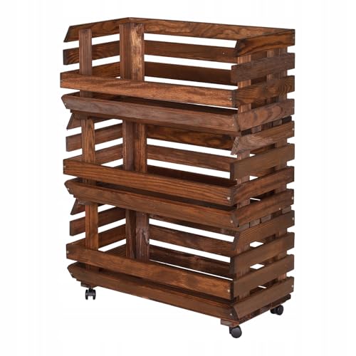 STOLMAK Obstkiste Holz auf Rollen 57 x 79 x 30 cm Kartoffel Obst Gemüse Aufbewahrung Regal mit Körben Stapelkisten Holzkiste Groß Aufbewahren Gemüsekiste 3 Etagen Farbe Braun von STOLMAK