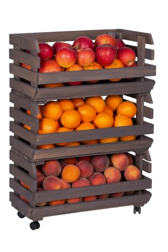 STOLMAK Obstkiste Holz auf Rollen 57 x 79 x 30 cm Kartoffel Obst Gemüse Aufbewahrung Regal mit Körben Stapelkisten Holzkiste Groß Aufbewahren Gemüsekiste 3 Etagen Farbe Grau von STOLMAK
