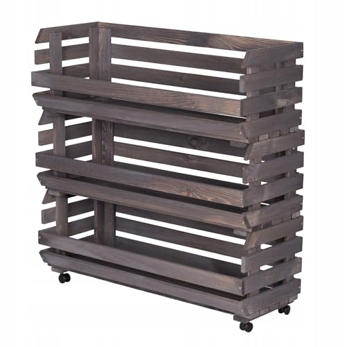 STOLMAK Obstkiste Holz auf Rollen 77 x 79 x 30 cm Kartoffel Obst Gemüse Aufbewahrung Regal mit Körben Stapelkisten Holzkiste Groß Aufbewahren Gemüsekiste 3 Etagen Farbe Grau von STOLMAK