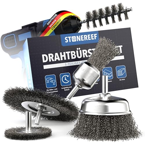 STONE REEF Drahtbürste 5er Set [6mm Rundschaft] Bohrmaschinen, Akkuschrauber Draht Aufsatz - Universalaufsätze zur Oberflächenbearbeitung - Ideal zum Entrosten und Abtragen von Farbe, Holz und Metall von STONE REEF