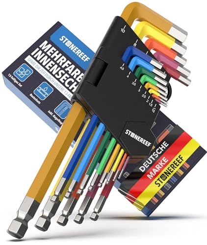 Innensechskantschlüssel Set 13tlg. [inkl. Kugelkopf] - 1,27-10mm Sechskant Multicolour Satz, Sechskantschlüssel Set für Handwerker, Winkelschlüsselsatz von STONE REEF