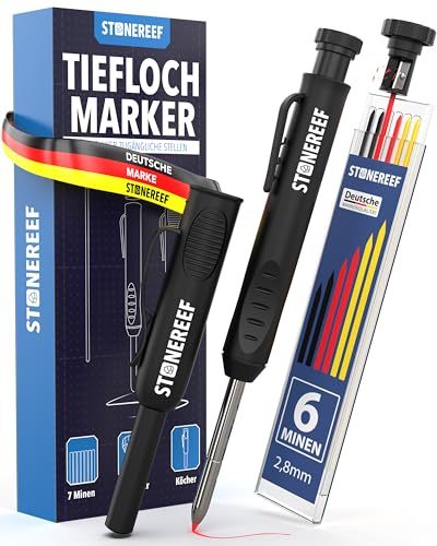 Tieflochmarker Profi mit Köcher – Bleistift für Baustelle, Bohrloch, Handwerker, Zimmermann – Markierstift für tiefe Stellen – Ersatzminen-kompatibel – Baubleistift für Holz, Metall, Fliesen von STONE REEF