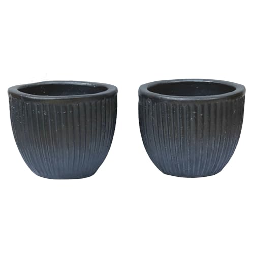 STONE art & more 2er Set Pflanztopf Pflanzgefäß Blumentopf Linea Ø 19cm anthrazit glasiert frostfest traditionelle Handarbeit aus Vietnam von STONE art & more
