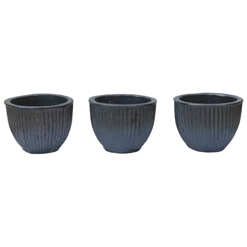 STONE art & more 3er Set Kleiner Pflanztopf Pflanzgefäß Blumentopf Linea Ø 14cm anthrazit glasiert frostfest, traditionelle Handarbeit aus Vietnam von STONE art & more