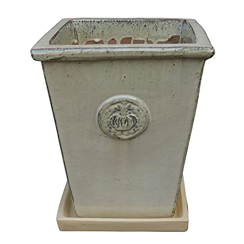 STONE art & more Pflanzgefäß Blumentopf Pflanzkübel Provence L/B 42cm H 49cm mit Untersetzer Sandfarben glasiert frostfest traditionelle Handarbeit aus Vietnam von STONE art & more