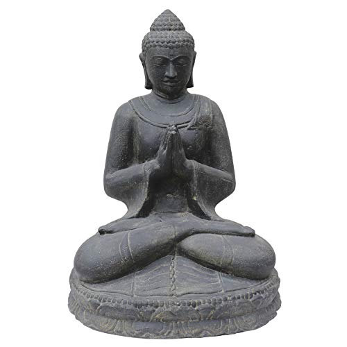 STONE art & more Sitzende Buddha Figur Begrüßung, 80cm, Steinfigur, Steinguss, schwarz antik, Garten Deko, frostfest von STONE art & more