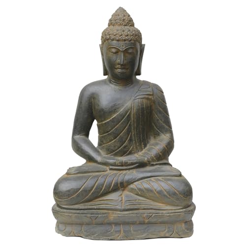 STONE art & more Sitzende Buddha-Figur Meditation, 75 cm, Steinmetzarbeit aus Naturstein (Basanit), braun-schwarz patiniert, Garten-Deko, frostfest von STONE art & more