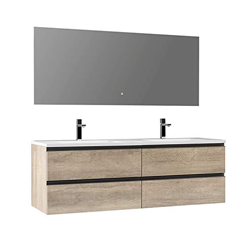 StoneArt Badmöbel-Set mit Mineralguss Waschbecken und Unterschrank und LED Spiegel Touch-Sensor Waschtisch als Einzel- oder Doppelwaschbecken Monte Carlo MC-1600 eiche hell 160cm von STONEART