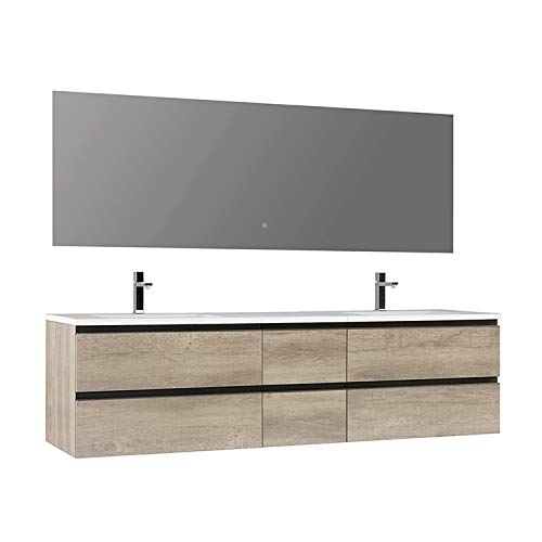 StoneArt Badmöbel-Set mit Mineralguss Waschbecken und Unterschrank und LED Spiegel Touch-Sensor Waschtisch als Einzel- oder Doppelwaschbecken Monte Carlo MC-2000 eiche hell 200cm von STONEART