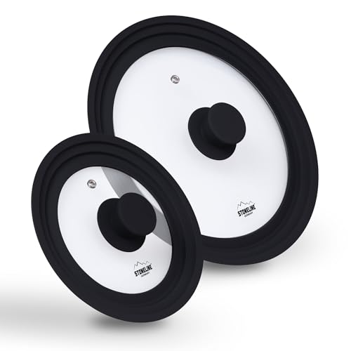 STONELINE 3 in 1 Universaldeckel Set 2-teilig für Töpfe Pfannen mit 16/18/20 cm und 24/26/28 Universal Glasdeckel mit abgestuftem Silikonrand Platinsilikon, Schwarz von STONELINE