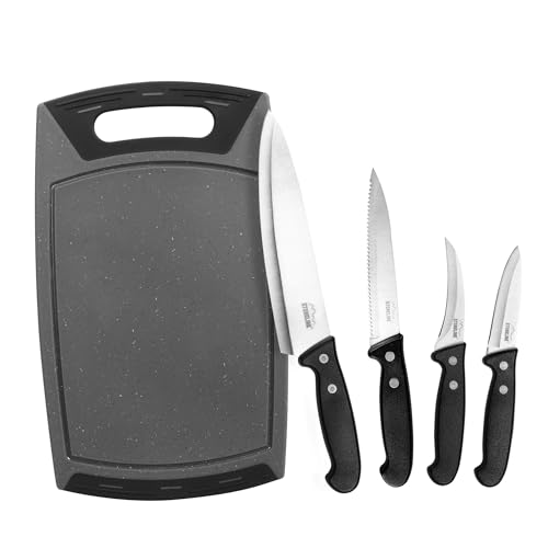 STONELINE 5-teiliges Set aus Schneidebrett 36x22 cm und 4 Edelstahl Messer, Schneidunterlage mit Saftrille Rutschfest Bruchsicher Spülmaschinenfest, Kochmesser Allzweckmesser Schälmesser Küchenmesser STONELINE 5-teiliges Set aus Schneidebrett 36x22 cm und 4 Edelstahl Messer, Schneidunterlage mit Saftrille Rutschfest Bruchsicher Spülmaschinenfest, Kochmesser Allzweckmesser Schälmesser Küchenmesser von STONELINE