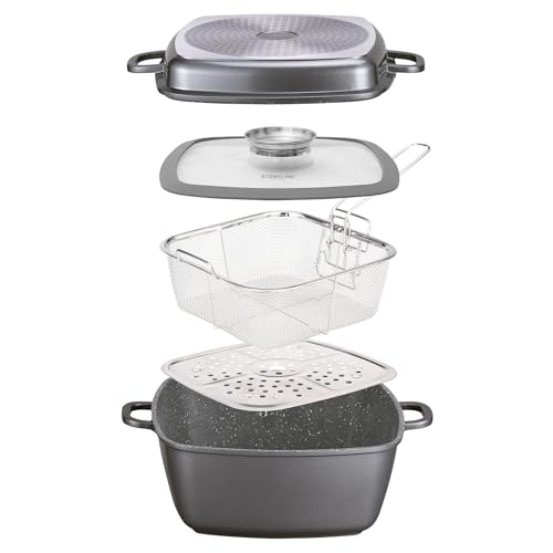 STONELINE Aluguss Bräter Induktion 28 cm 7,1 L Set 5-teilig Eckiger Bräter mit Deckel Frittierkorb Dampf-Einsatz, Schmortopf Backofen Auflaufform Backform Antihaftbeschichtet mit echten Steinpartikeln von STONELINE