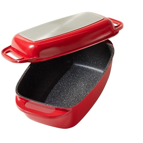 STONELINE Aluguss Bräter mit Deckel 40x22 cm, 5,8 L Bräter Induktion Backofengeeignet Für alle Herdarten, Deckel als Auflaufform verwendbar, Topf Antihaft Beschichtet mit echten Steinpartikeln, Rot von STONELINE