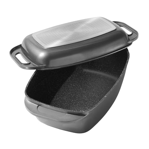 STONELINE Aluguss Bräter mit Deckel 43x26 cm, 8,4 L Bräter Induktion Backofengeeignet Für alle Herdarten, Deckel als Auflaufform verwendbar, Topf Antihaft Beschichtet mit echten Steinpartikeln, Grau von STONELINE