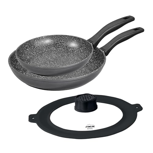 STONELINE Aluguss Pfannenset 3 teilig, 24/28 cm, Antihaft Pfanne mit Deckel kleinste Dunstabzugshaube, beschichtet mit echten Steinpartikeln, für alle Herdarten Induktion Backofen, Fett frei Braten von STONELINE